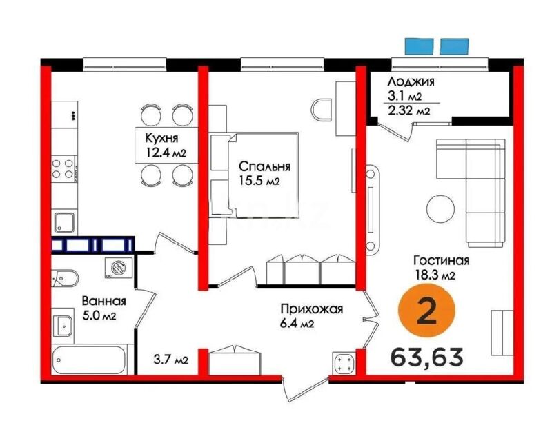 Продажа 2-комнатной квартиры, 63.63 м² - Продажа двухкомнатных квартир в блочном доме в Астане фото 1 из 1