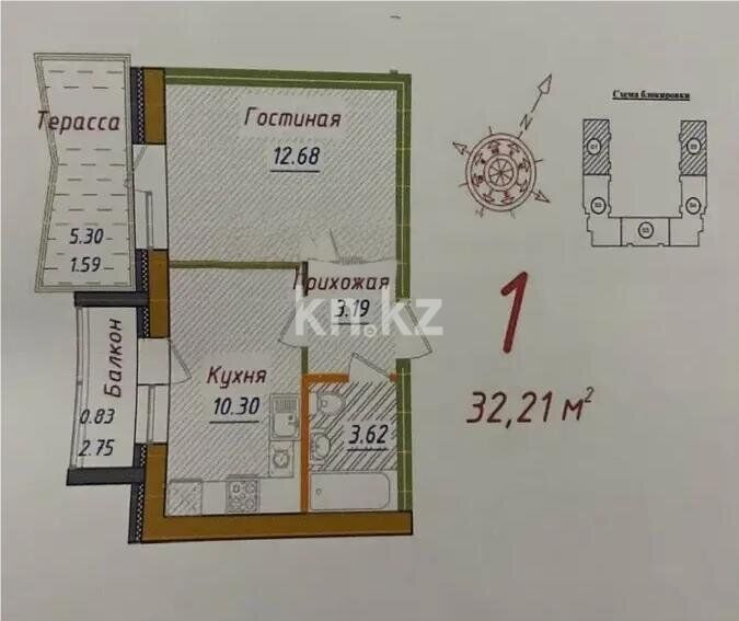 Продажа 1-комнатной квартиры, 32.21 м² - Продажа  однокомнатных квартир в новостройках Астаны - страница 3 фото 1 из 1