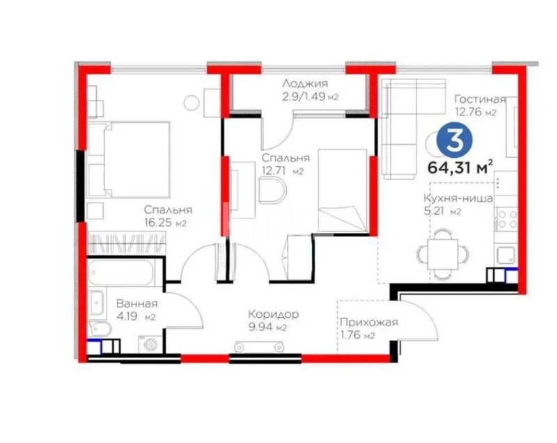 Продажа 3-комнатной квартиры, 64 м² - Продажа квартир в монолитно-каркасном доме в Алматы - страница 2 фото 1 из 1