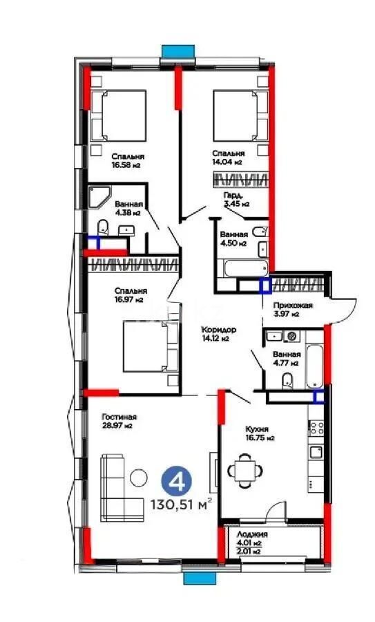 Продажа 4-комнатной квартиры, 130.51 м² - Продажа четырехкомнатных квартир в кирпичном доме в Казахстане - страница 10 фото 1 из 1