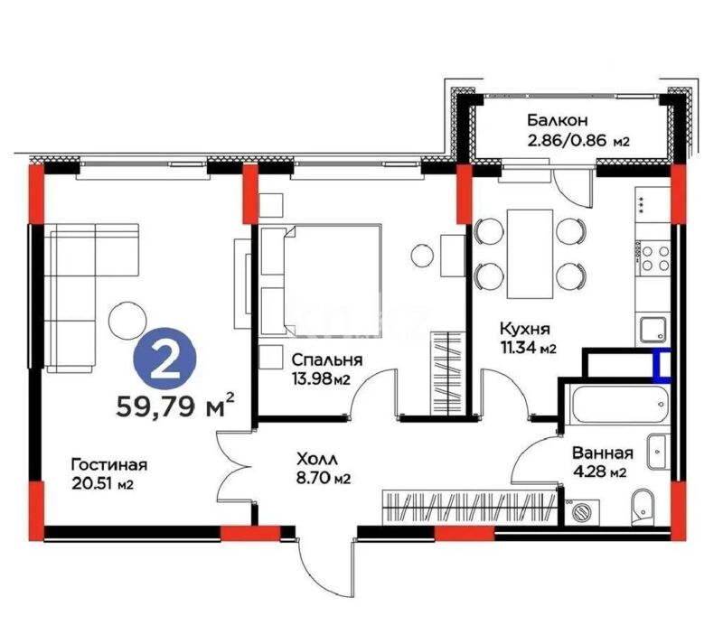 Продажа 2-комнатной квартиры, 59.79 м² - Продажа двухкомнатных квартир в р-не Есиль Астаны - страница 25 фото 2 из 2