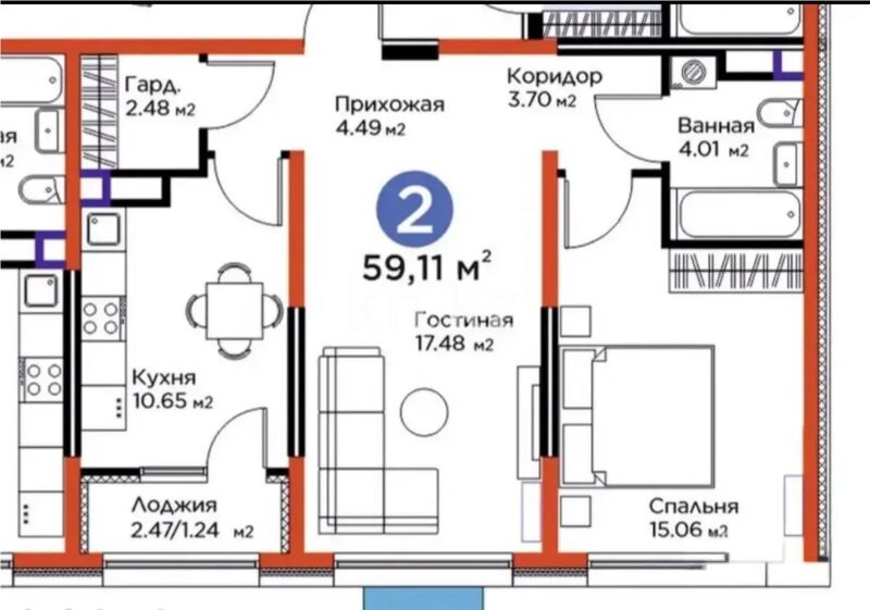 Продажа 2-комнатной квартиры, 59.11 м² - Продажа квартир в монолитно-каркасном доме в Казахстане - страница 15 фото 1 из 1
