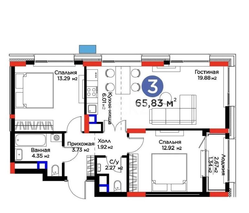 Продажа 3-комнатной квартиры, 65.83 м² - Продажа трехкомнатных квартир в р-не Нура Астаны фото 3 из 3