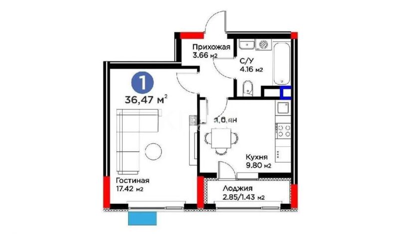 Продажа 1-комнатной квартиры, 36.47 м² - Продажа однокомнатных квартир в монолитно-каркасном доме в Астане - страница 32 фото 1 из 1