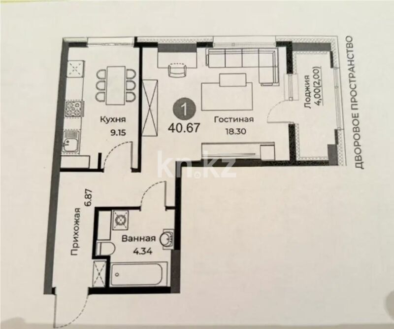 Продажа 1-комнатной квартиры, 40.67 м² - Продажа однокомнатных квартир в блочном доме в Казахстане - страница 50 фото 1 из 1