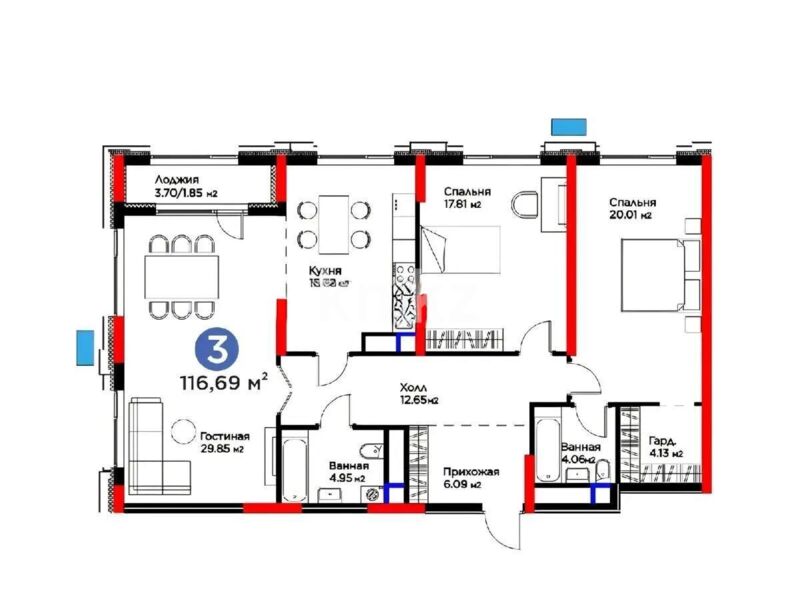 Продажа 3-комнатной квартиры, 116.69 м² - Продажа квартир в Казахстане - страница 58 фото 1 из 1
