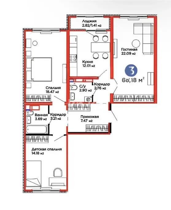 Продажа 3-комнатной квартиры, 88.18 м² - Продажа трехкомнатных квартир в блочном доме в Казахстане - страница 38 фото 1 из 1