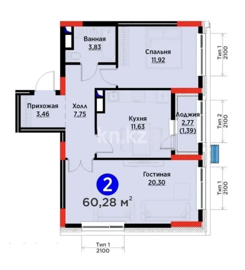 Продажа 2-комнатной квартиры, 60.28 м² - Продажа квартир в Казахстане - страница 4 фото 1 из 1