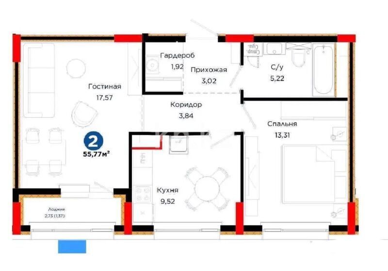 Продажа 2-комнатной квартиры, 55.77 м² - Продажа двухкомнатных квартир в р-не Сарайшык Астаны - страница 14 фото 1 из 1