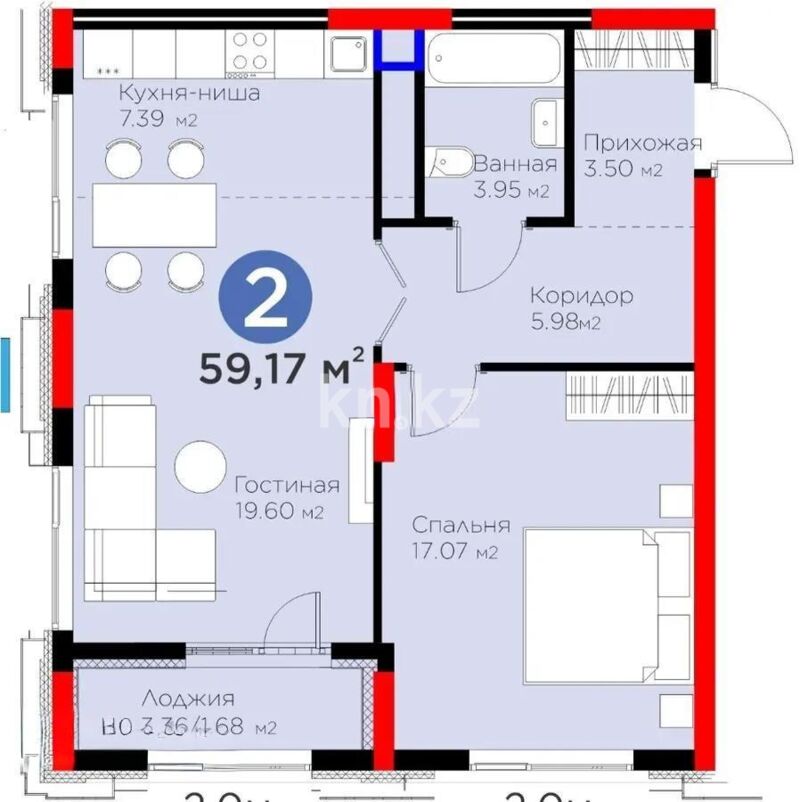 Продажа 2-комнатной квартиры, 59.17 м² - Продажа квартир в монолитно-каркасном доме в Казахстане - страница 14 фото 1 из 1