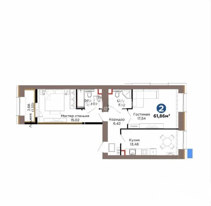 Продажа 2-комнатной квартиры, 61.86 м² - Продажа двухкомнатных квартир в блочном доме в Казахстане - страница 31 фото 1 из 1