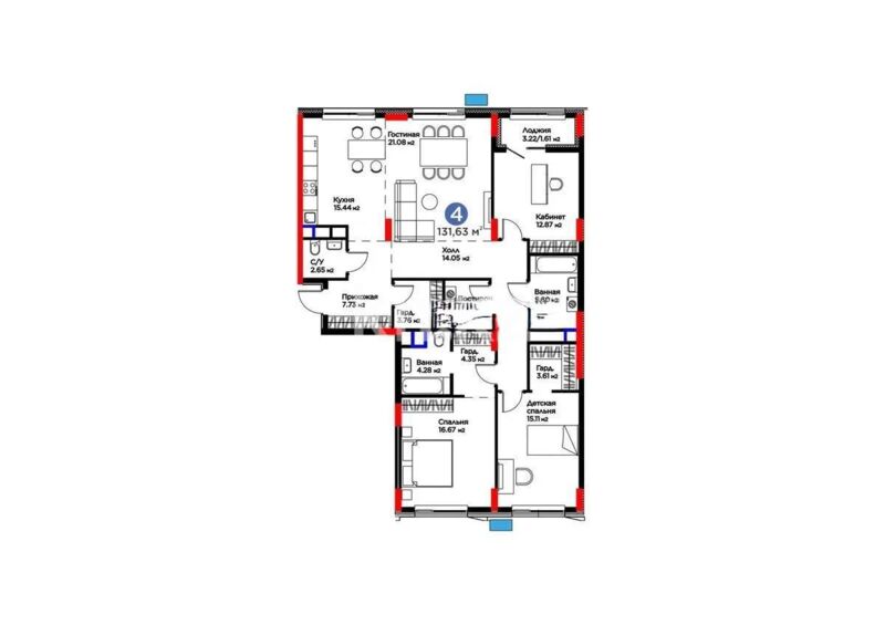 Продажа 4-комнатной квартиры, 131.63 м² - Продажа четырехкомнатных квартир в блочном доме в Казахстане - страница 11 фото 1 из 1