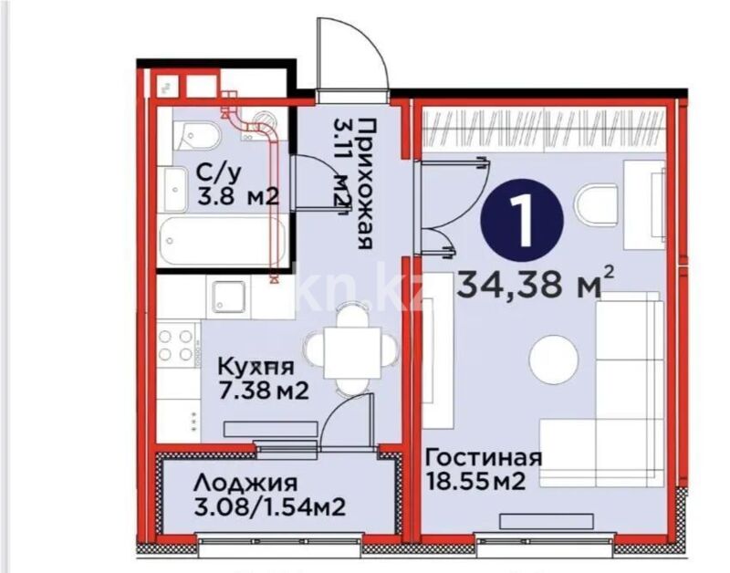 Продажа 1-комнатной квартиры, 34.4 м² - Продажа однокомнатных квартир в р-не Есиль Астаны - страница 10 фото 4 из 4