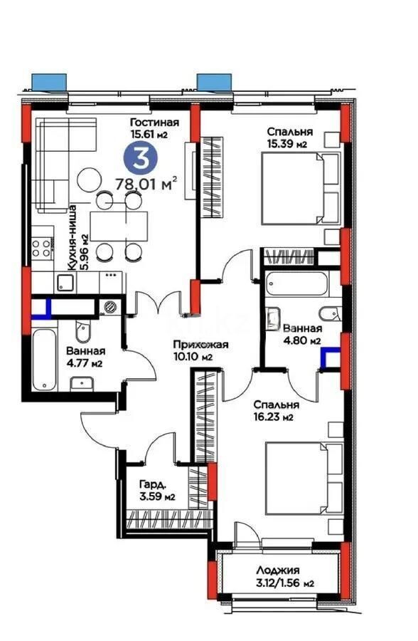 Продажа 3-комнатной квартиры, 78.14 м² - Продажа трехкомнатных квартир в блочном доме в Казахстане - страница 7 фото 1 из 1