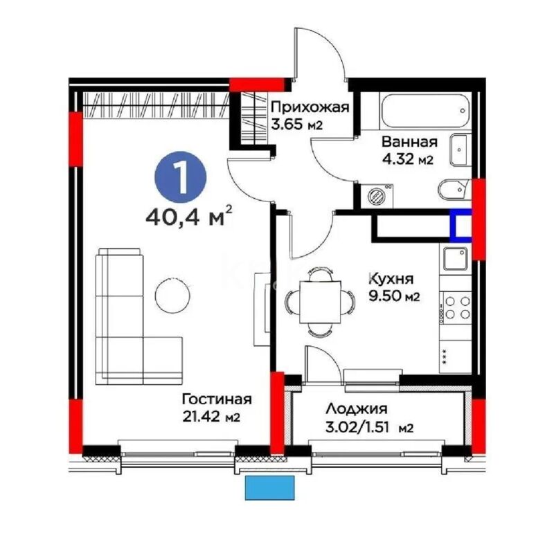 Продажа 1-комнатной квартиры, 40.4 м² - Продажа однокомнатных квартир в р-не Сарайшык Астаны - страница 18 фото 4 из 4