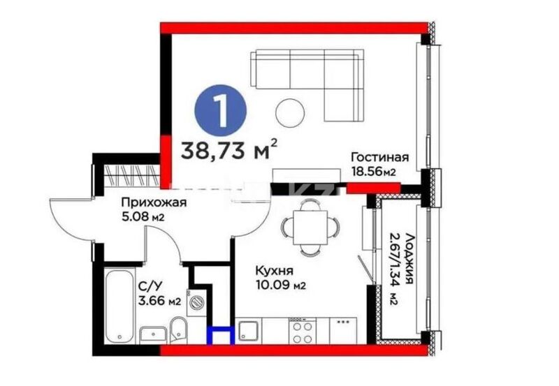 Продажа 1-комнатной квартиры, 38.73 м² - Продажа однокомнатных квартир в р-не Есиль Астаны фото 1 из 1