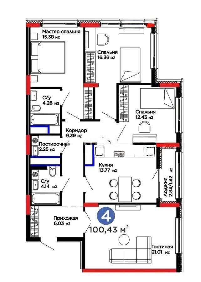 Продажа 4-комнатной квартиры, 100.43 м² - Продажа четырехкомнатных квартир в блочном доме в Казахстане - страница 7 фото 1 из 1