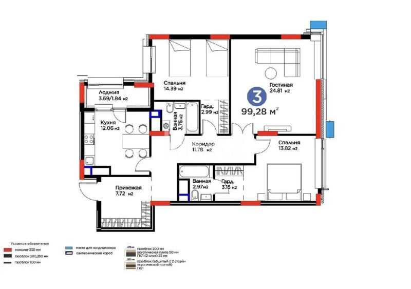 Продажа 3-комнатной квартиры, 99.29 м² - Продажа трехкомнатных квартир в блочном доме в Казахстане - страница 24 фото 1 из 1