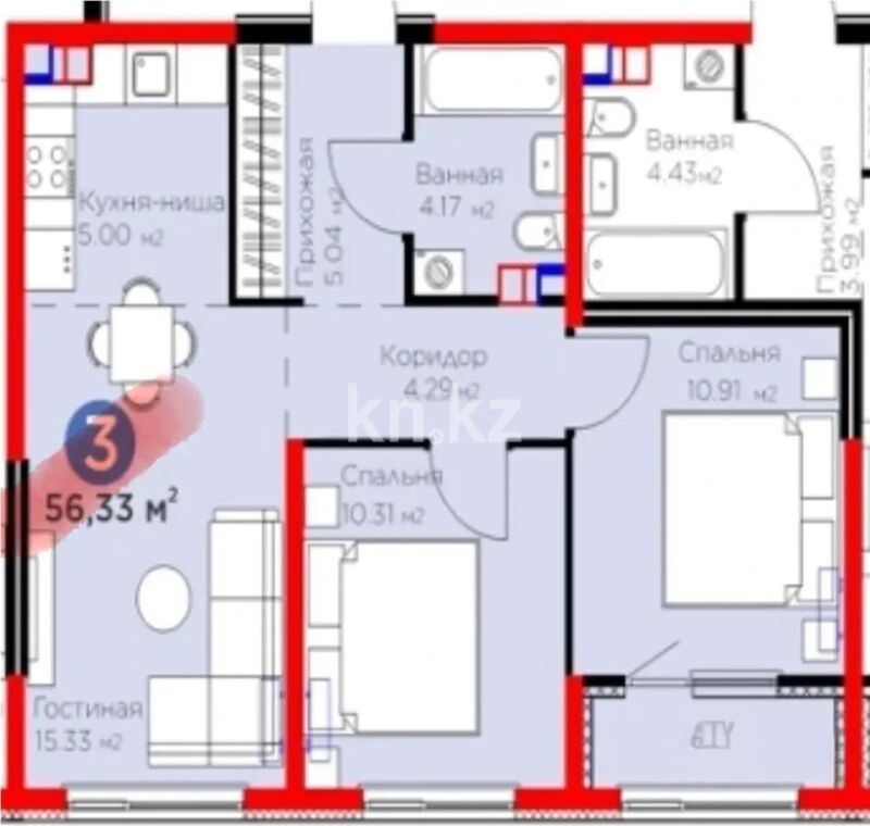 Продажа 3-комнатной квартиры, 56.33 м² - Продажа трехкомнатных квартир в монолитно-каркасном доме в Казахстане - страница 3 фото 1 из 1