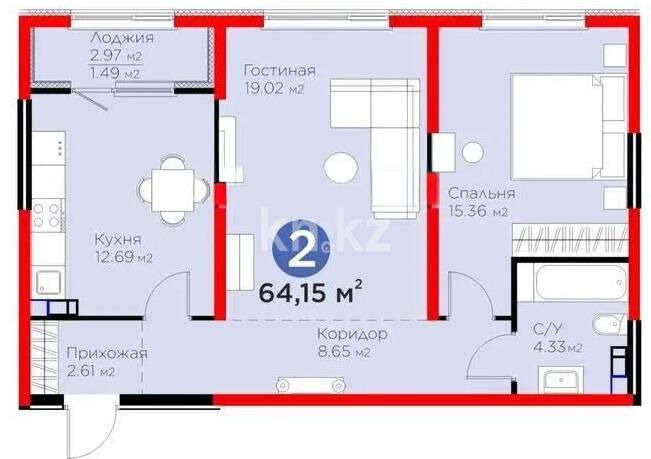 Продажа 2-комнатной квартиры, 64.15 м² - Продажа двухкомнатных квартир в монолитно-каркасном доме в Казахстане - страница 202 фото 1 из 1