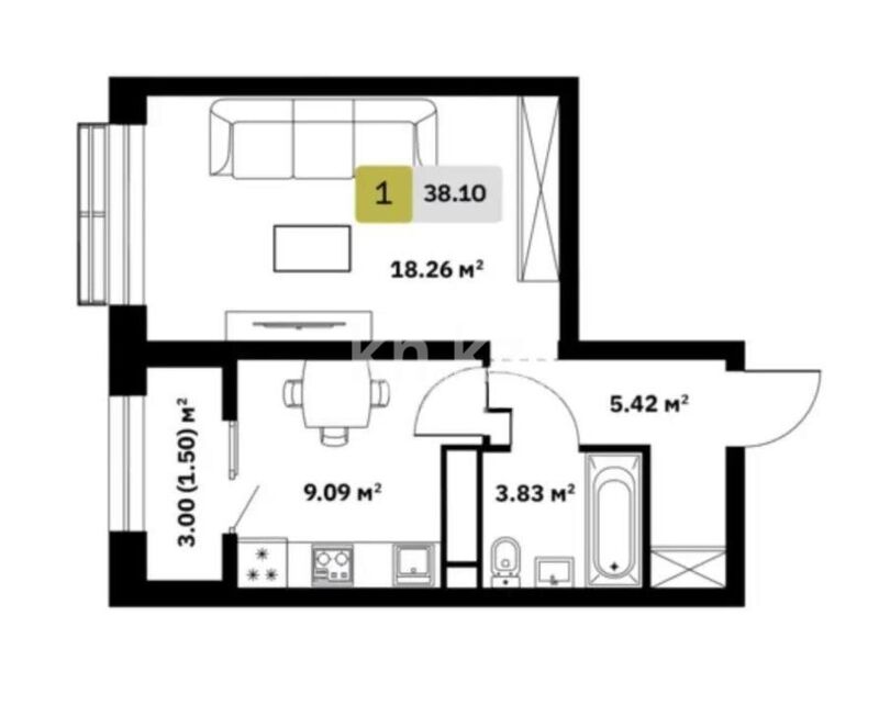 Продажа 1-комнатной квартиры, 38 м² - Продажа квартир в Казахстане - страница 121 фото 1 из 1