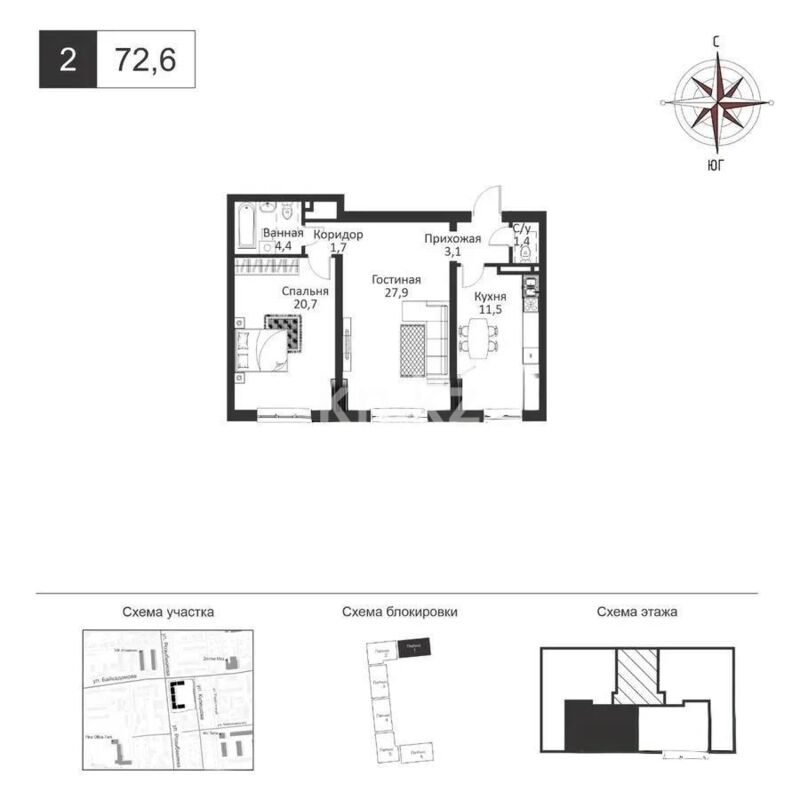Продажа 2-комнатной квартиры, 72.6 м² - Продажа двухкомнатных квартир в Бостандыкском р-не Алматы - страница 23 фото 1 из 1