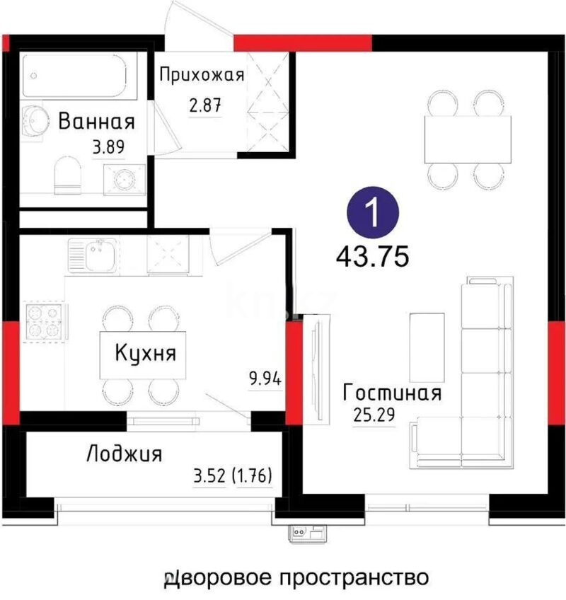 Продажа 1-комнатной квартиры, 43.75 м² - Продажа квартир в Казахстане - страница 16 фото 1 из 1