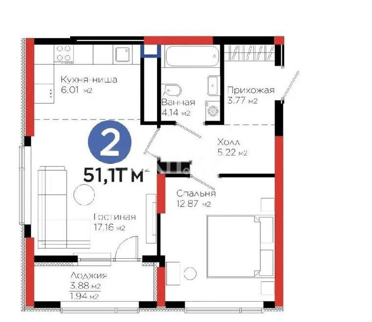 Продажа 2-комнатной квартиры, 51.11 м² - Продажа квартир в монолитно-каркасном доме в Астане - страница 4 фото 1 из 1