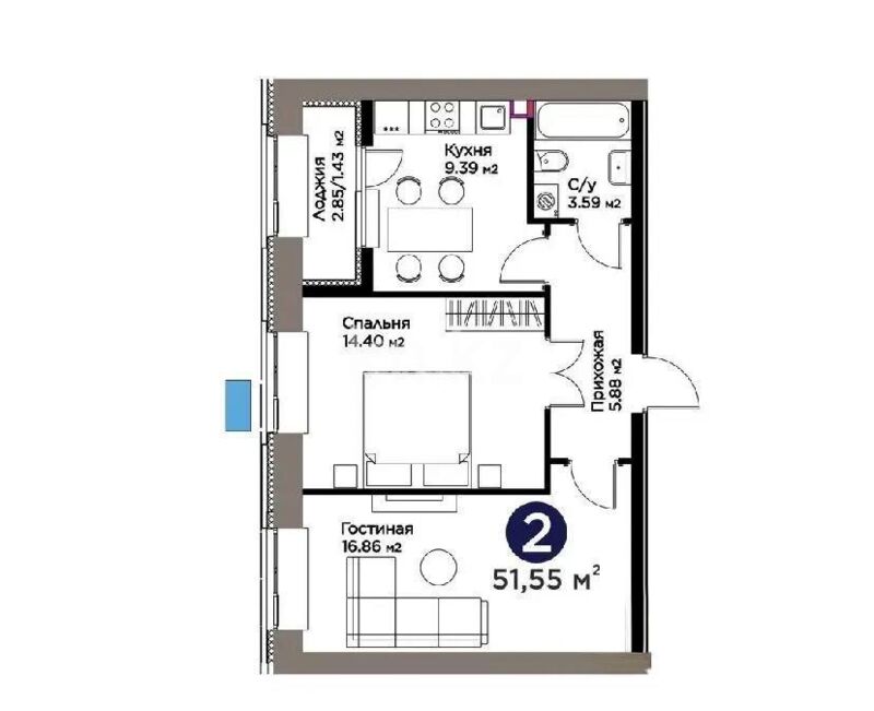 Продажа 2-комнатной квартиры, 51.55 м² - Продажа квартир в Казахстане - страница 42 фото 1 из 1