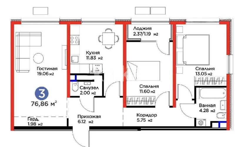 Продажа 3-комнатной квартиры, 76.8 м² - Продажа  трехкомнатных квартир в новостройках Алматы - страница 3 фото 1 из 1