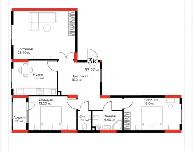 Продажа 3-комнатной квартиры, 87.2 м² - Продажа квартир в Казахстане - страница 3 фото 4 из 4