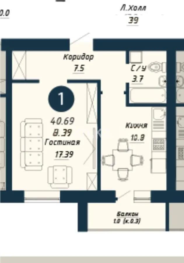 Продажа 1-комнатной квартиры, 40.69 м² - Продажа однокомнатных квартир в р-не Сарыарка Астаны - страница 4 фото 1 из 1