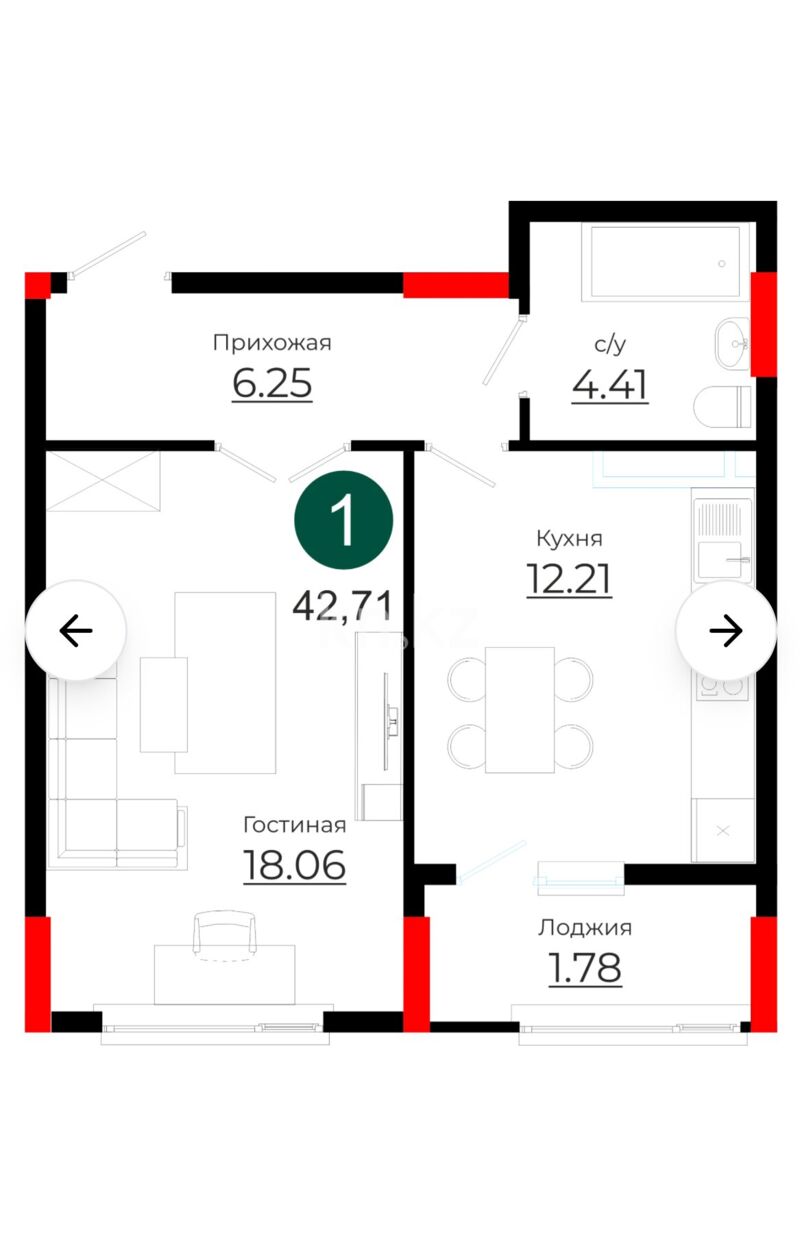 Продажа 1-комнатной квартиры, 42.71 м² - Продажа квартир в новостройках Астаны - страница 19 фото 7 из 9