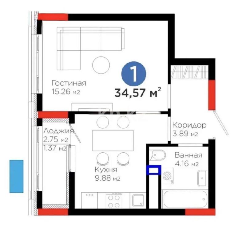 Продажа 1-комнатной квартиры, 34.57 м² - Продажа квартир в блочном доме в Астане - страница 33 фото 1 из 1
