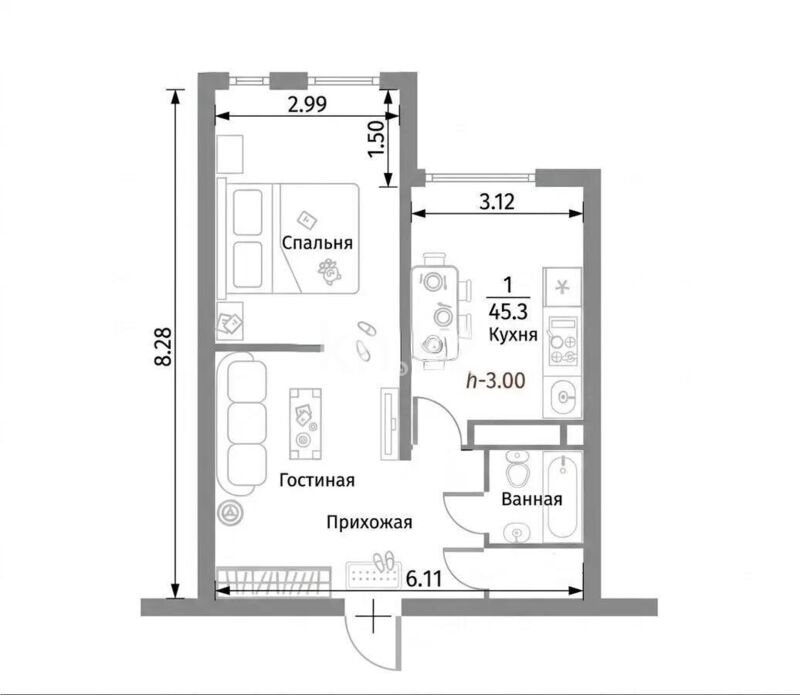 Продажа 1-комнатной квартиры, 45.5 м² - Продажа квартир в Ауэзовском р-не Алматы фото 1 из 1