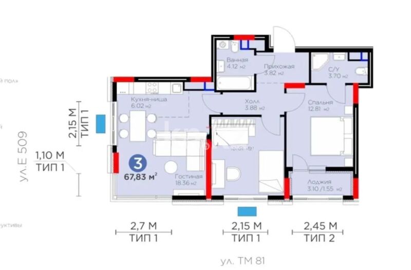 Продажа 3-комнатной квартиры, 67.83 м² - Продажа квартир в монолитно-каркасном доме в Казахстане - страница 440 фото 1 из 1
