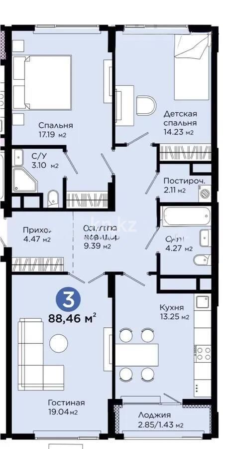 Продажа 3-комнатной квартиры, 88.46 м² - Продажа квартир в монолитно-каркасном доме в Астане - страница 15 фото 1 из 1