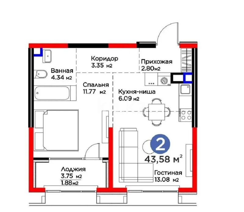 Продажа 2-комнатной квартиры, 43.58 м² - Продажа квартир в Турксибском р-не Алматы - страница 3 фото 1 из 1