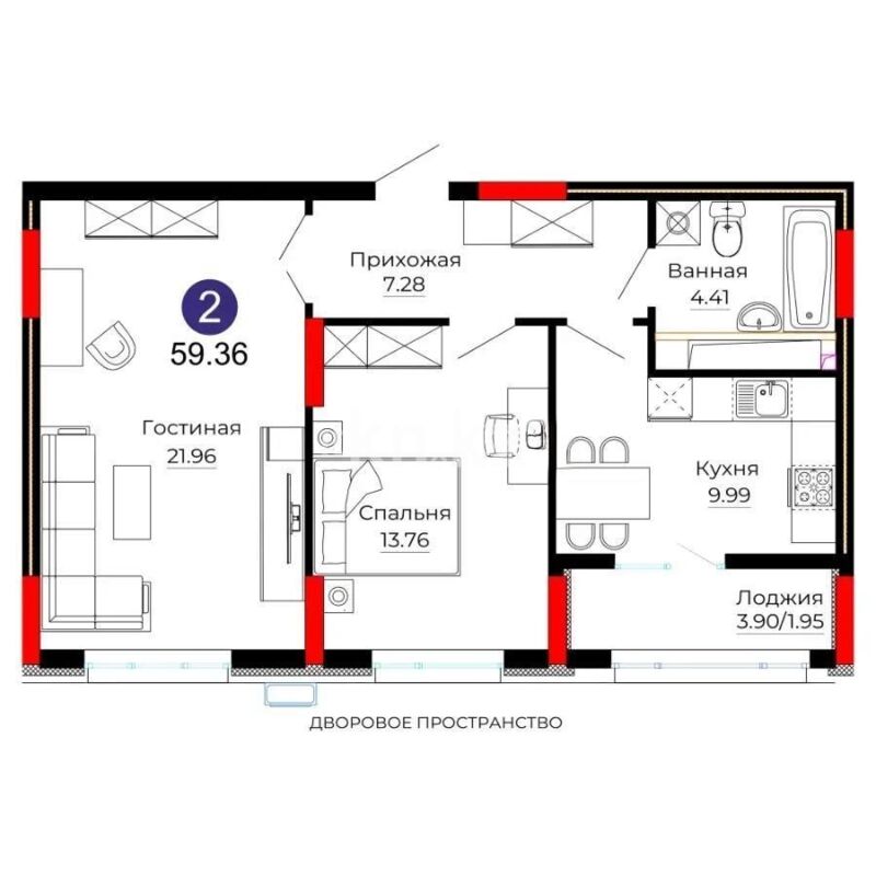 Продажа 2-комнатной квартиры, 59.36 м² - Продажа квартир в Казахстане фото 4 из 4