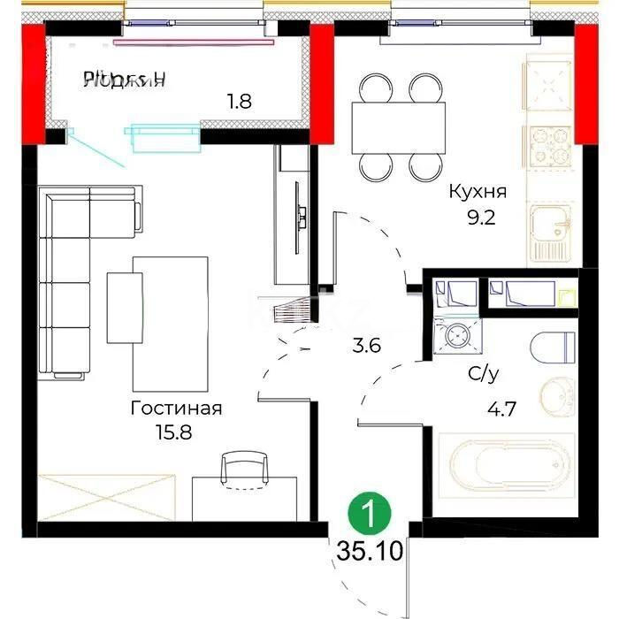 Продажа 1-комнатной квартиры, 35.2 м² - Продажа однокомнатных квартир в блочном доме в Казахстане - страница 56 фото 1 из 1
