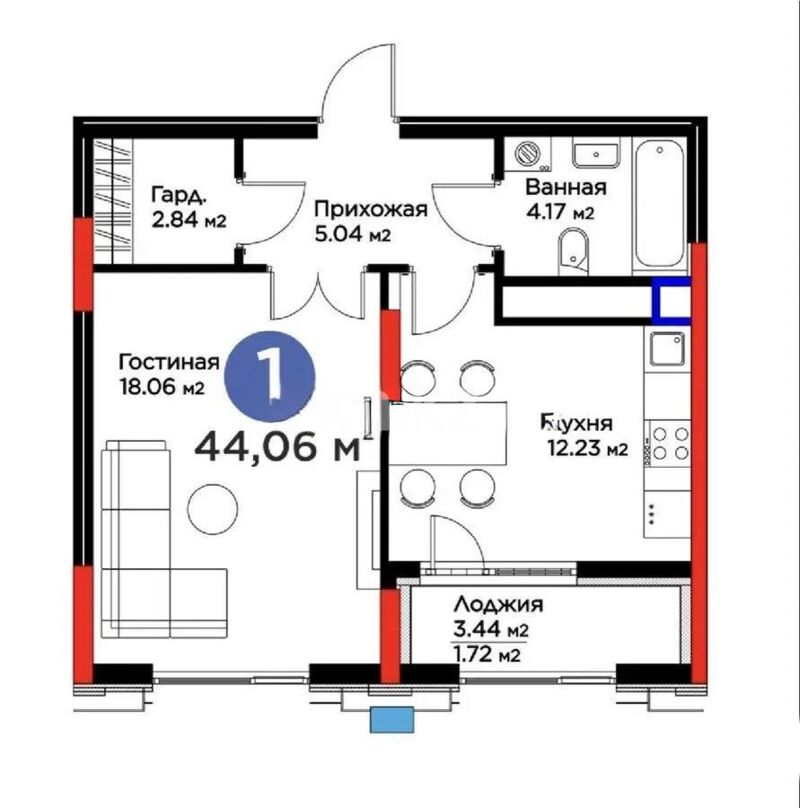 Продажа 1-комнатной квартиры, 44.06 м² - Продажа однокомнатных квартир в блочном доме в Казахстане - страница 45 фото 1 из 1