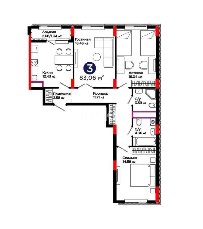 Продажа 3-комнатной квартиры, 83.06 м² - Недвижимость в Астане - страница 18 фото 1 из 1