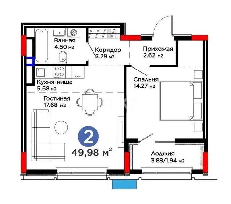 Продажа 2-комнатной квартиры, 49.98 м² - Продажа  двухкомнатных квартир в новостройках Астаны - страница 5 фото 1 из 1