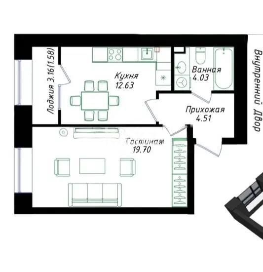 Продажа 1-комнатной квартиры, 42.45 м² - Продажа однокомнатных квартир в блочном доме в Астане - страница 20 фото 1 из 1