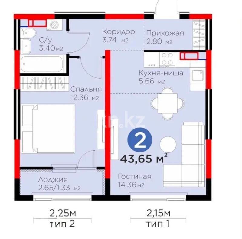 Продажа 1-комнатной квартиры, 43.65 м² - Продажа квартир в новостройках Алматы - страница 228 фото 2 из 2