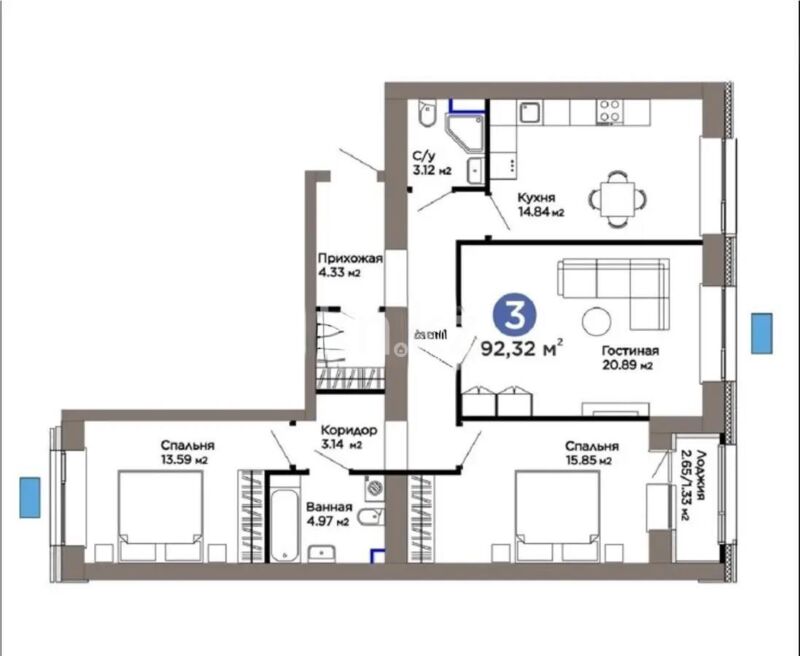 Продажа 3-комнатной квартиры, 92.32 м² - Продажа трехкомнатных квартир в кирпичном доме в Казахстане - страница 56 фото 4 из 4