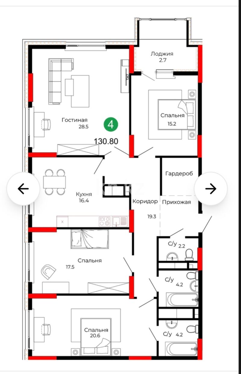 Продажа 4-комнатной квартиры, 130.8 м² - Продажа квартир в монолитном доме в Астане - страница 6 фото 1 из 3