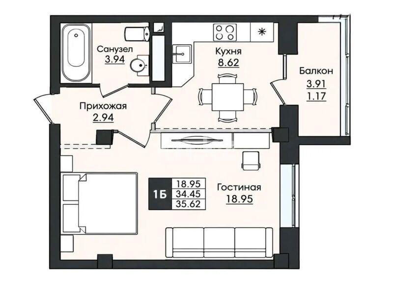 Продажа 1-комнатной квартиры, 35.62 м² - Продажа однокомнатных квартир в блочном доме в Казахстане - страница 4 фото 1 из 1