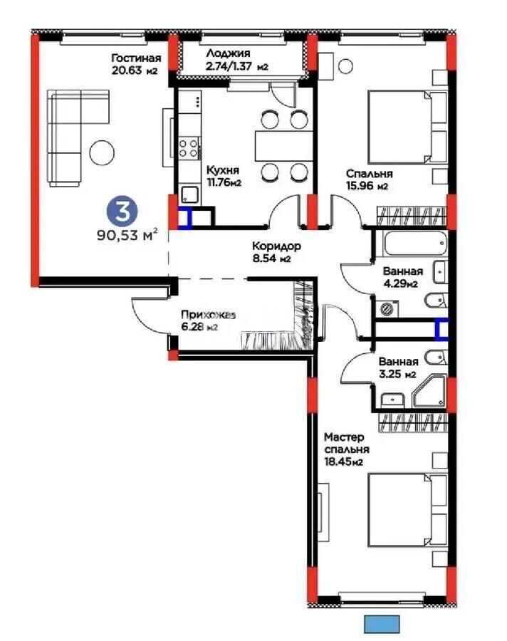 Продажа 3-комнатной квартиры, 90.53 м² - Продажа трехкомнатных квартир в блочном доме в Казахстане - страница 3 фото 1 из 1