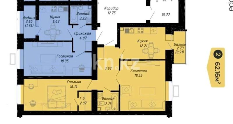 Продажа 2-комнатной квартиры, 62.16 м² - Продажа квартир в кирпичном доме в Казахстане - страница 61 фото 1 из 1
